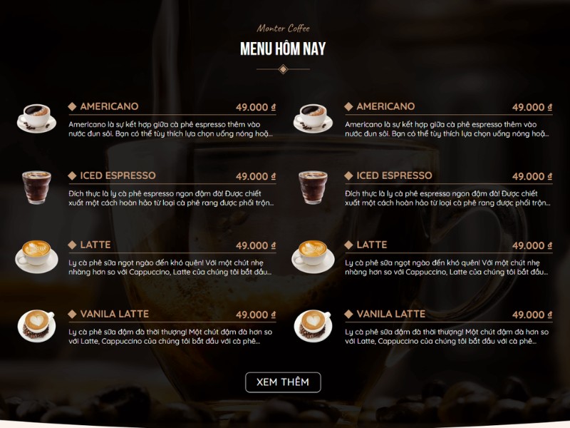 Giao Diện Menu Quán Cafe, Trà Sữa Giao Diện Menu Quán Cafe, Trà Sữa